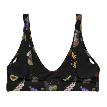 Gothic Tea Time padded bikini top in black with red dahlias and stacked teacups, gothic activewear