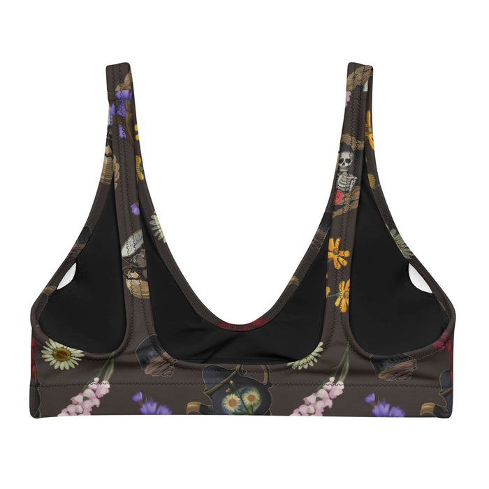 Gothic Tea Time padded bikini top in black with stacked vintage teacups and monarch butterflies, alternative style