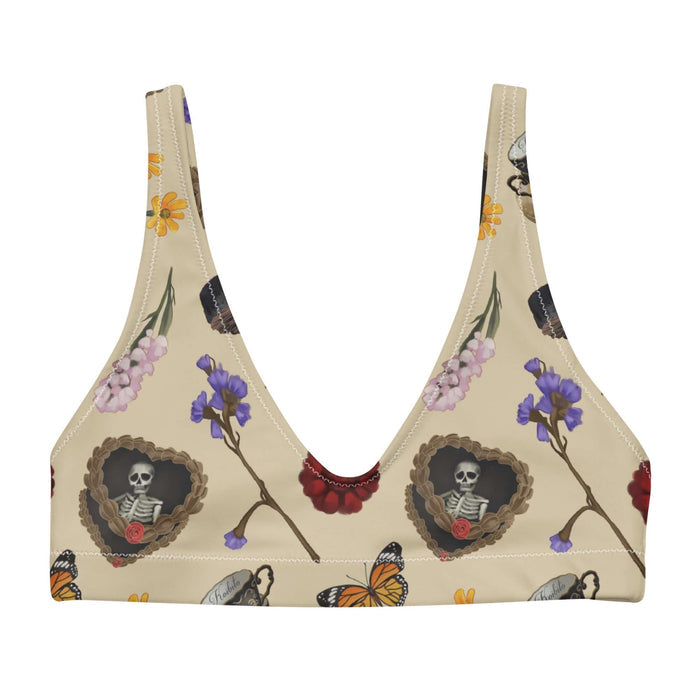Gothic Tea Time padded bikini top in black with purple irises and red dahlias, alternative style