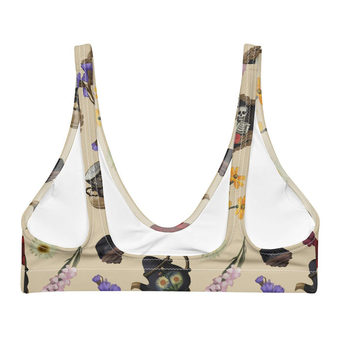 Gothic Tea Time padded bikini top in black with pink snapdragons and golden cosmos, alternative style