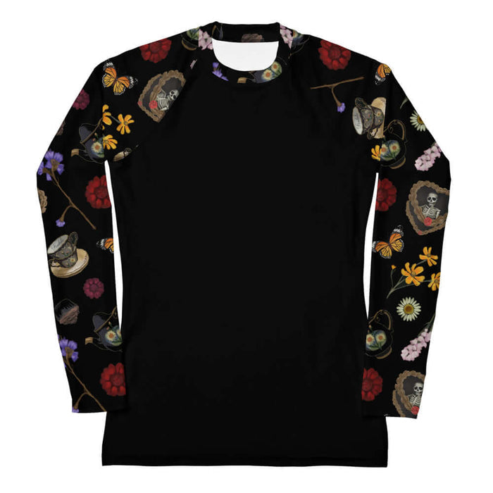 Gothic Tea Time rash guard in black with a heart-wreathed skeleton and black teapots, goth fashion