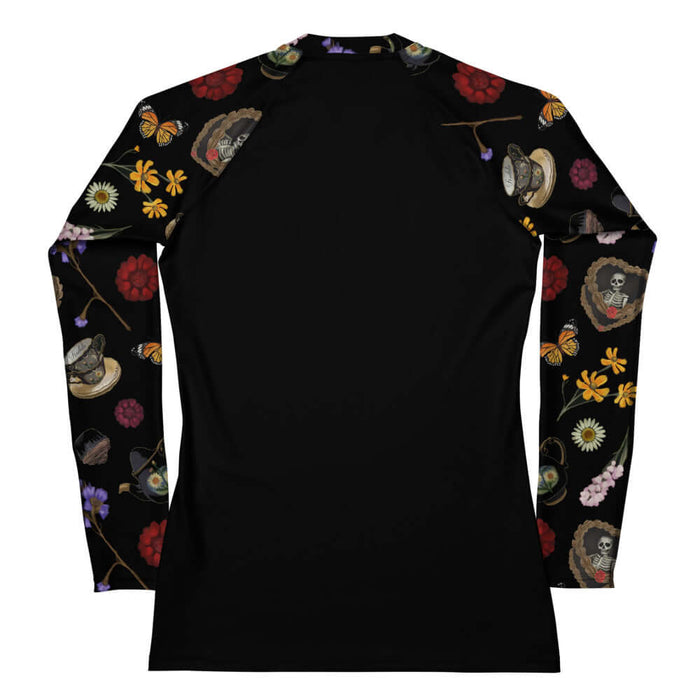 Gothic Tea Time rash guard in black with stacked vintage teacups and monarch butterflies, goth fashion