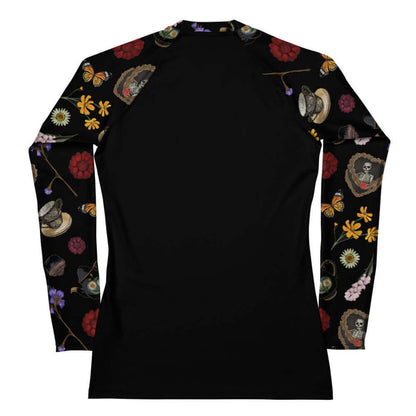 Gothic Tea Time rash guard in black with stacked vintage teacups and monarch butterflies, goth fashion