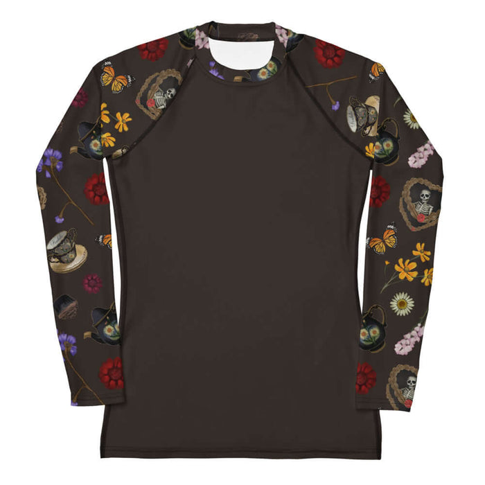Gothic Tea Time rash guard in black with purple irises and red dahlias, goth fashion