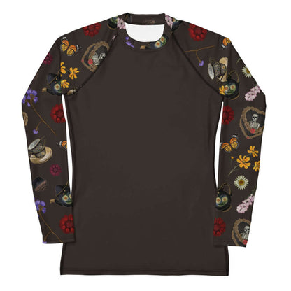 Gothic Tea Time rash guard in black with purple irises and red dahlias, goth fashion