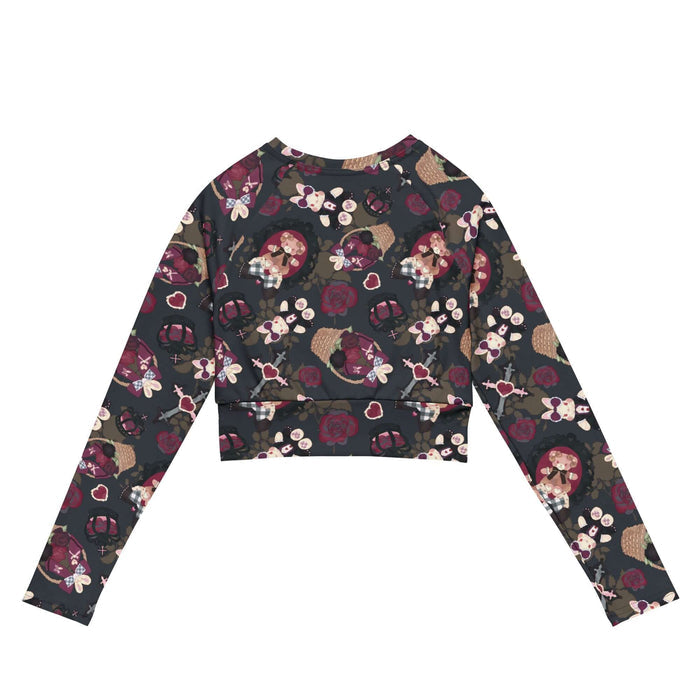 Gothic Teddy long-sleeved crop top in mauve and charcoal with cameo teddies and winged bunnies, pastel goth fit