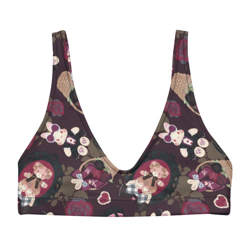 Gothic Teddy padded bikini top in mauve and charcoal with winged bunnies and black crowns, goth swimwear