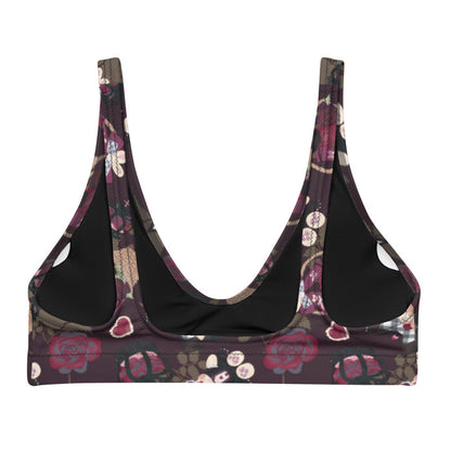 Gothic Teddy padded bikini top in mauve and charcoal with dark roses and ornate crosses, alternative swim