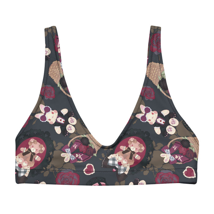 Gothic Teddy padded bikini top in mauve and charcoal with rose baskets and gingham hearts, pastel goth swim