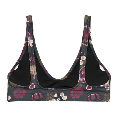 Gothic Teddy padded bikini top in mauve and charcoal with grey-blue roses and black bows, goth swimwear