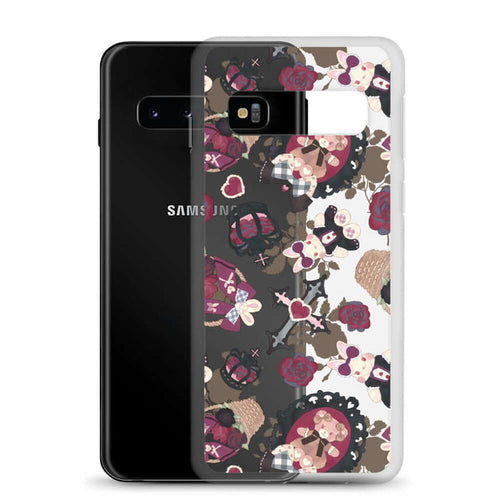 Gothic Teddy Samsung clear case with ornate crosses and grey-blue roses, alternative phone case