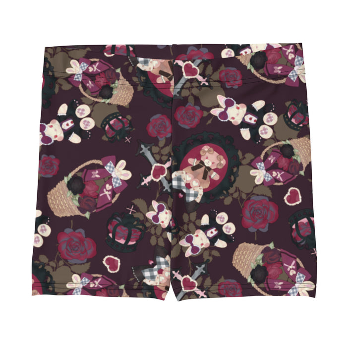 Gothic Teddy lounge shorts in mauve and charcoal with dark roses and heart charms, goth activewear