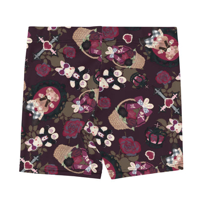 Gothic Teddy lounge shorts in mauve and charcoal with ornate crosses and grey-blue roses, alternative style