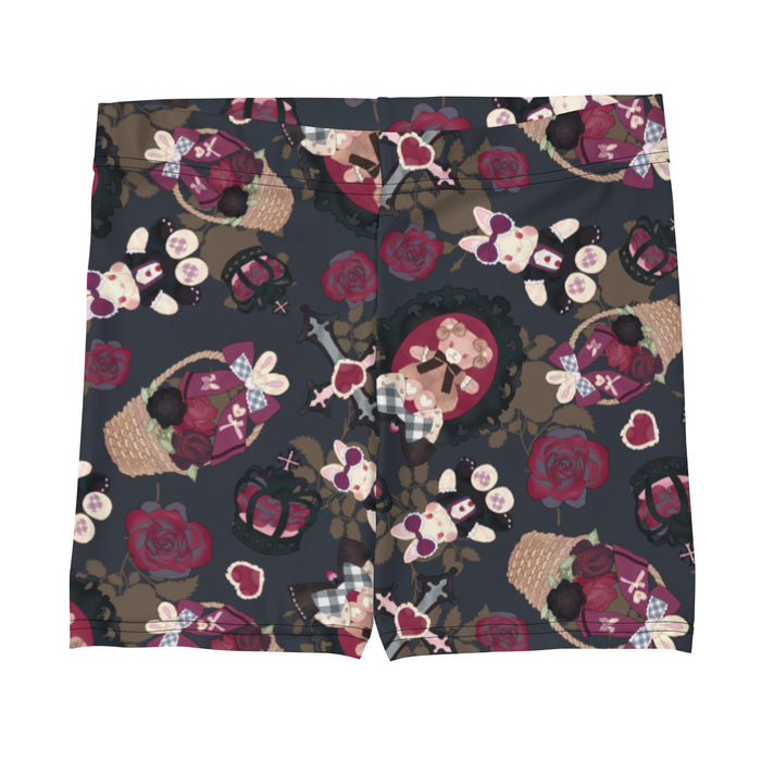 Gothic Teddy lounge shorts in mauve and charcoal with cameo teddies and crimson roses, pastel goth fit