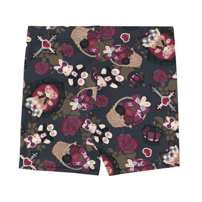 Gothic Teddy lounge shorts in mauve and charcoal with winged bunnies and black crowns, kawaii goth style