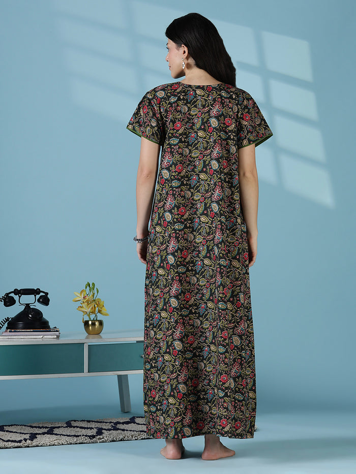 Green floral a line pure cotton night dress for women