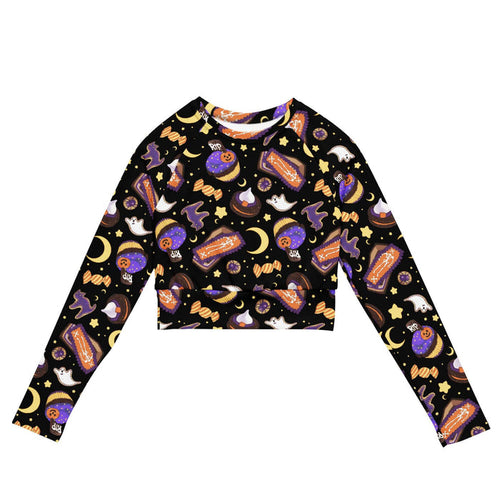 Halloween Treat alternative long-sleeved crop top in black with witch hats and wrapped candies