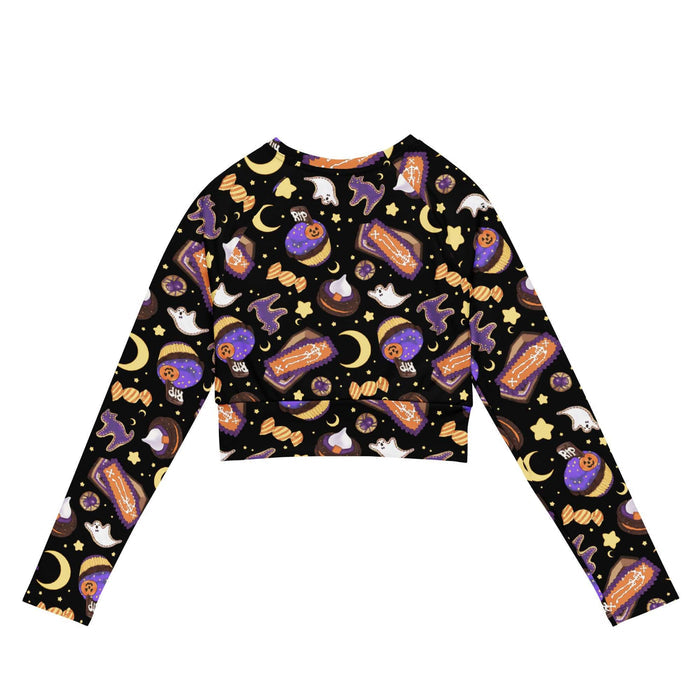 Halloween Treat alternative long-sleeved crop top in black with crescent moons and coffin cakes