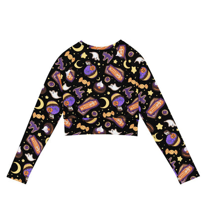 Halloween Treat alternative long-sleeved crop top in black with crescent moons and coffin cakes