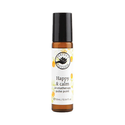 10ml roller ball of Perfect Potion Happy & Calm Aromatherapy Pulse Point.