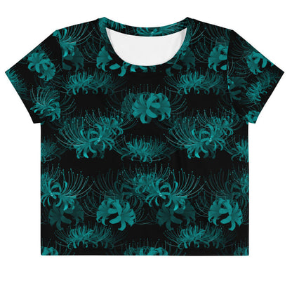 Higanbana gothic crop top in teal with teal spider lilies on black