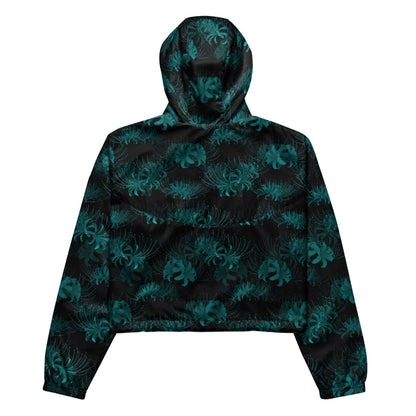 Higanbana gothic cropped windbreaker in black with red, blue and teal spider lily blooms