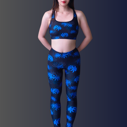 Higanbana gothic leggings in blue with scattered blue spider lilies on black