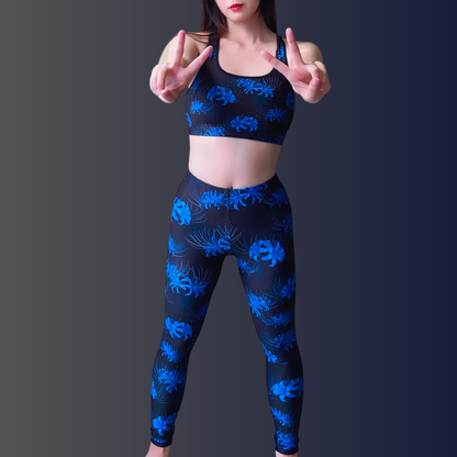 Higanbana gothic leggings in blue with blue spider lilies blooming on black