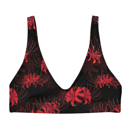 Higanbana gothic padded bikini top in red with red spider lilies on black