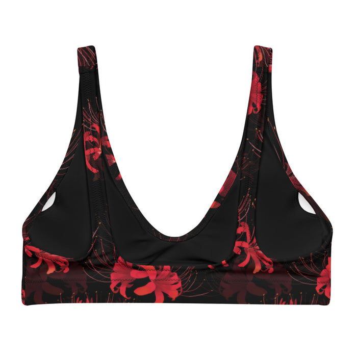 Higanbana gothic padded bikini top in red with red spider lily blooms on black