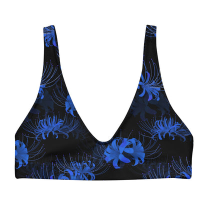 Higanbana gothic padded bikini top in blue with blue spider lilies on black