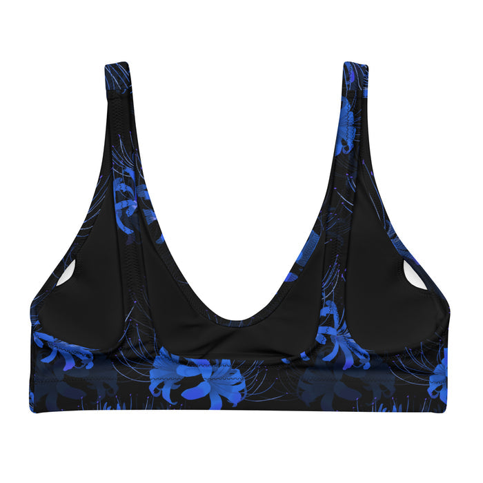 Higanbana gothic padded bikini top in blue with blue spider lily blooms on black