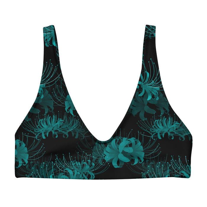 Higanbana gothic padded bikini top in teal with teal spider lilies on black