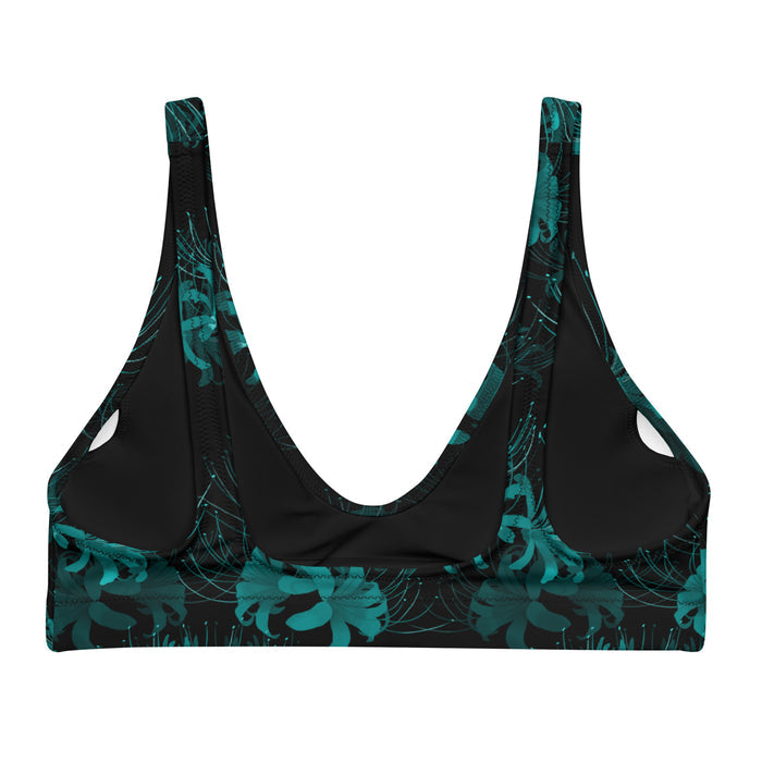 Higanbana gothic padded bikini top in teal with teal spider lily blooms on black