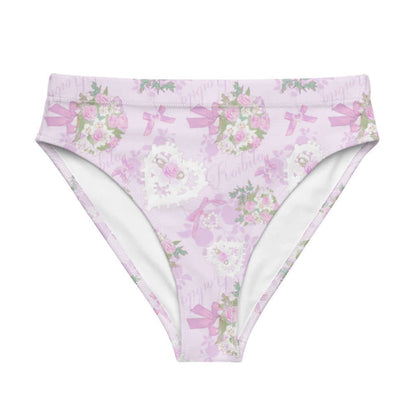 Anniversary kawaii high-waisted bikini bottom in blush and periwinkle with lace heart lockets and trailing rose sprigs