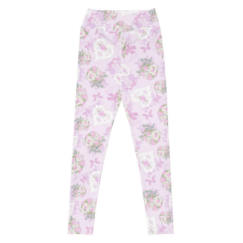 Anniversary kawaii high-waisted leggings in pink with lace heart lockets and trailing rose sprigs