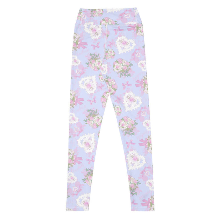 Anniversary kawaii high-waisted leggings in blush and periwinkle with lace hearts and satin ribbon bows