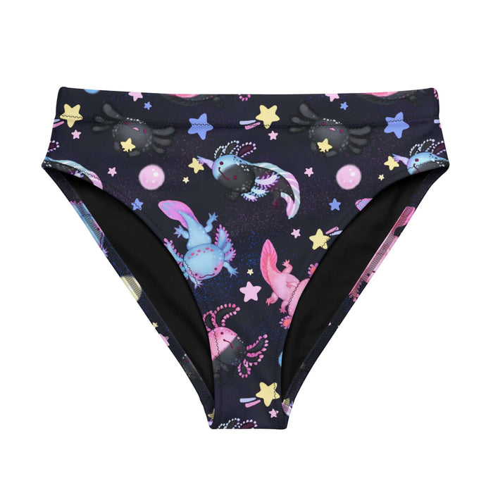 Axolotl kawaii high-waisted bikini bottom with pastel axolotls and cosmic glitter