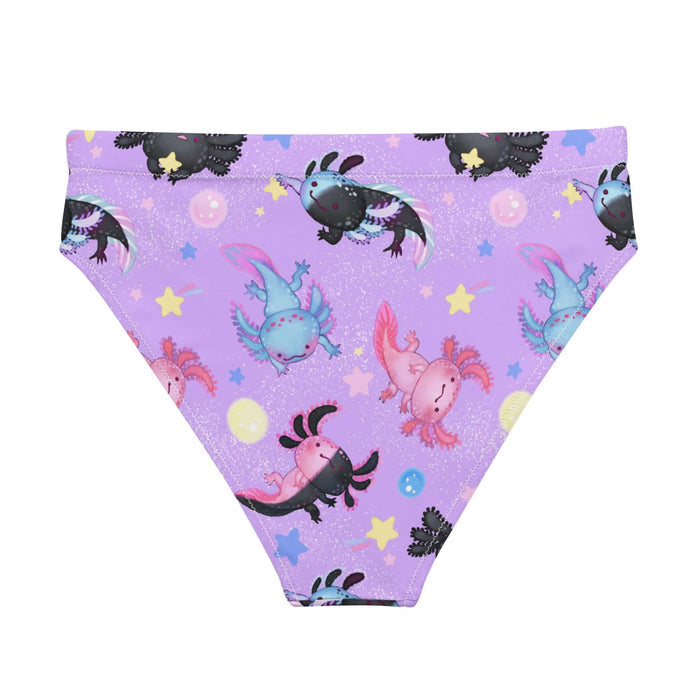 Axolotl kawaii high-waisted bikini bottom in lavender with galaxy-black axolotls and shooting stars