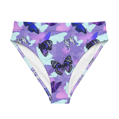 Butterfly kawaii high-waisted bikini bottom with cobalt morphos and violet wings