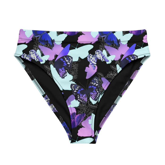 Butterfly kawaii high-waisted bikini bottom with electric-blue wings and crimson butterflies