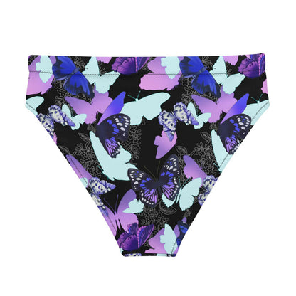 Butterfly kawaii high-waisted bikini bottom with violet butterflies and floral line-art