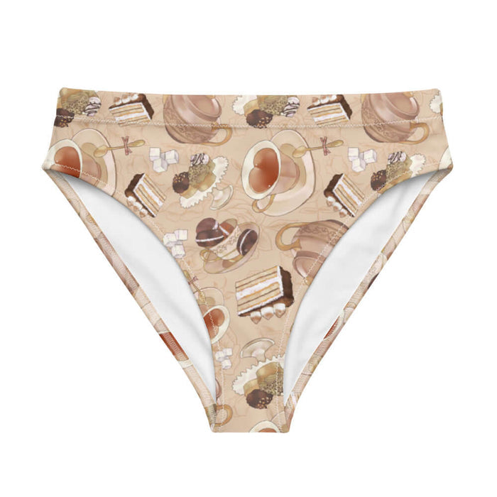 Latte kawaii High-waisted Café bikini bottom with heart-shaped teacups and ornate teapots