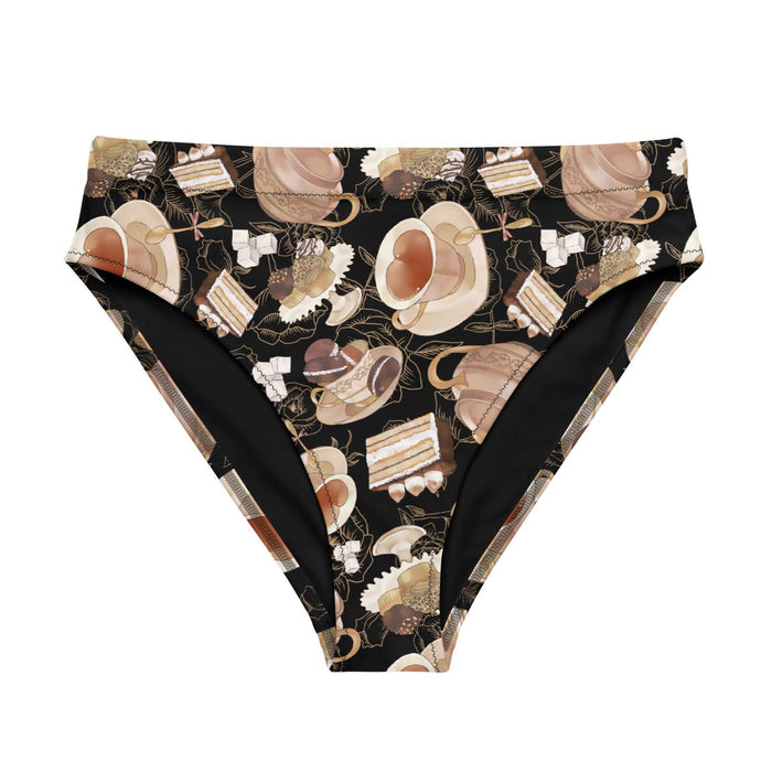 Latte kawaii High-waisted Café bikini bottom with heart-shaped teacups and tiramisu cake