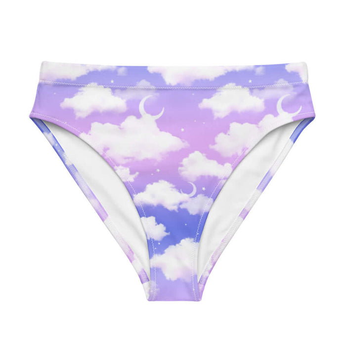 Cloudy Sky kawaii high-waisted bikini bottom with puffy white clouds and crescent moons on a pastel sky