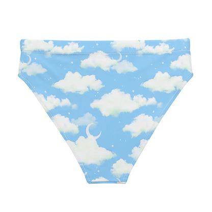 Cloudy Sky kawaii high-waisted bikini bottom with fluffy clouds and a crescent moon on a pastel sky