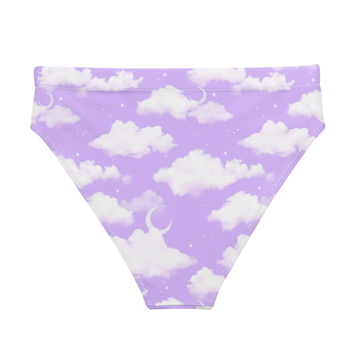 Cloudy Sky kawaii high-waisted bikini bottom with fluffy cumulus clouds and crescent moons on a pastel sky