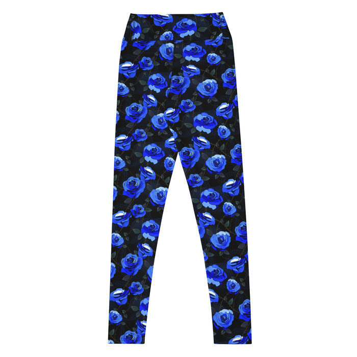 High-waisted Enchanted Rose Leggings in cobalt blue with roses and briars — gothic activewear