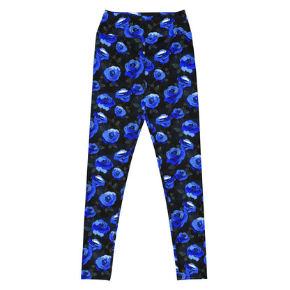 Blue High-waisted Enchanted Rose Leggings with blue roses and lace doilies, kawaii goth gym wear