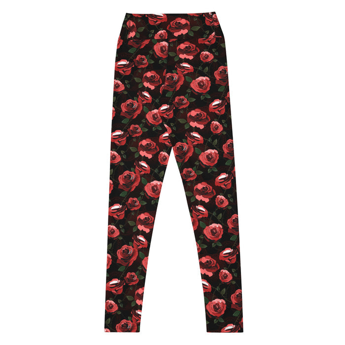 High-waisted Enchanted Rose Leggings with roses and thorny stems, alternative fashion leggings